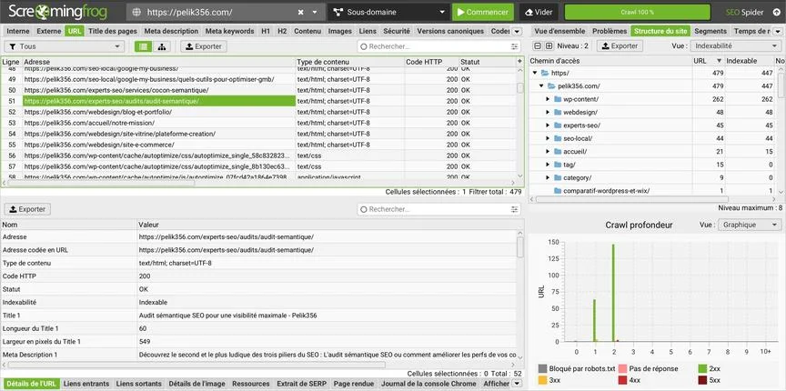 Résultat d'un crawl complet via screaming frog pour le site pelik356
