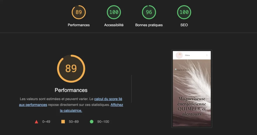 Rapport Google LightHouse pour le site Zelecia