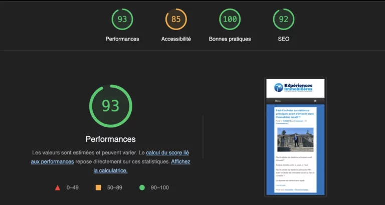 Rapport LightHouse du site experiences immobilière - l'optimisation seo