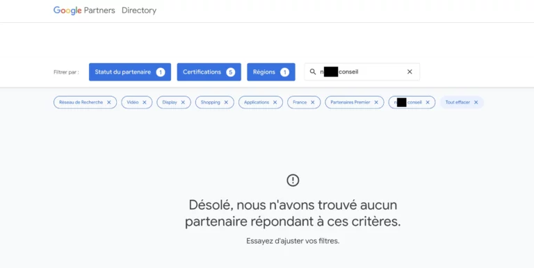 Page de résultat des partenaire Google